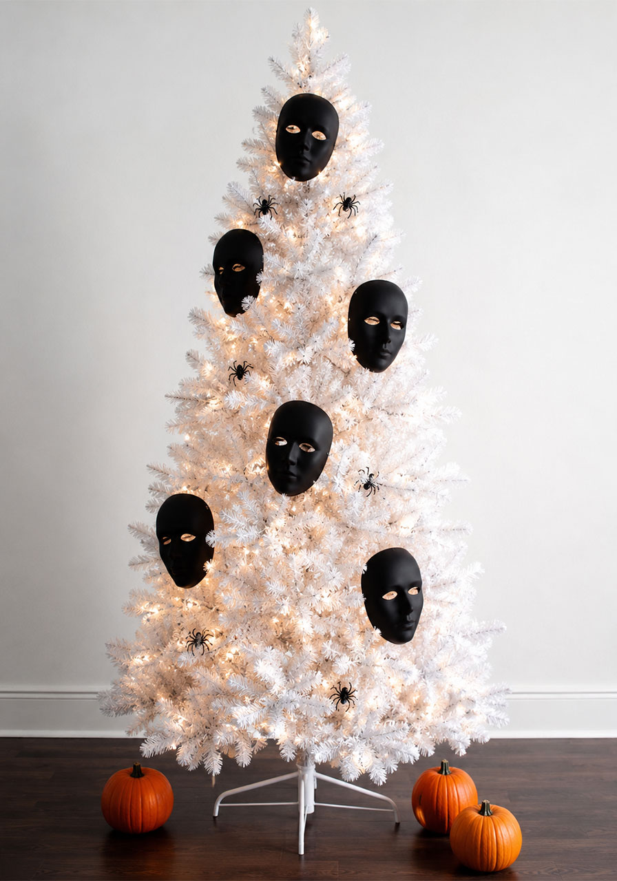 White Christmas tree decorated with black masks for minimalist Halloween look