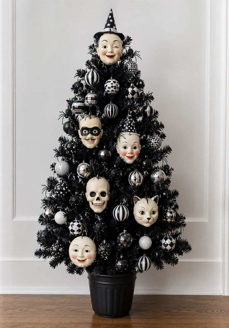 Small black and white Halloween Christmas tree with vintage face ornaments