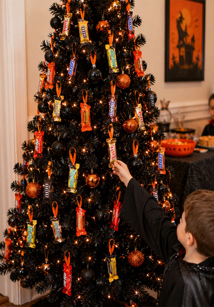 Halloween Christmas tree decorated with wrapped candy ornaments for trick-or-treaters