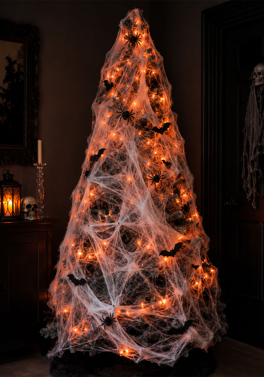 Halloween Christmas tree covered in stretched spiderweb with glowing orange lights