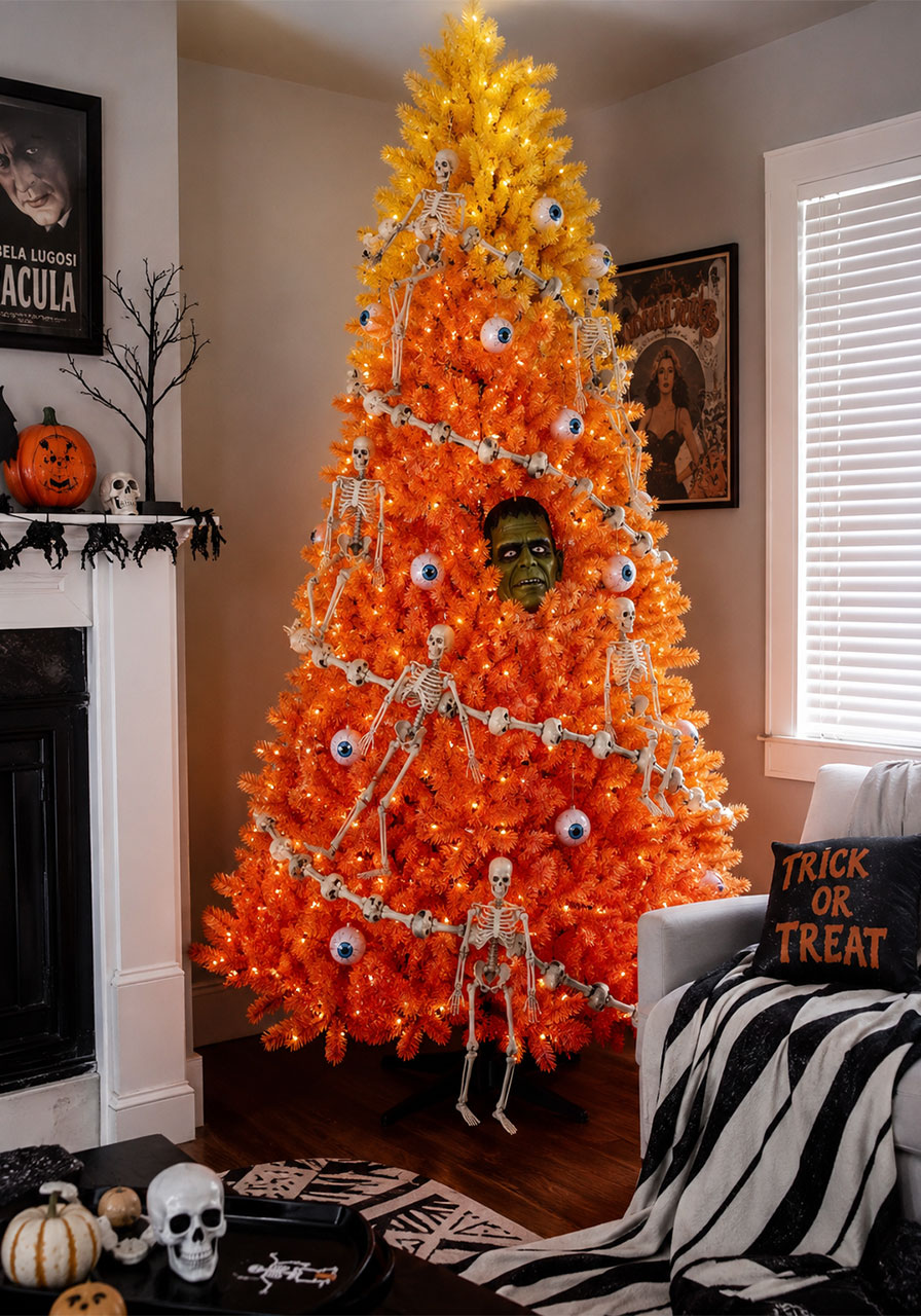 Orange and yellow color block Halloween Christmas tree with skeleton and eyeball ornaments