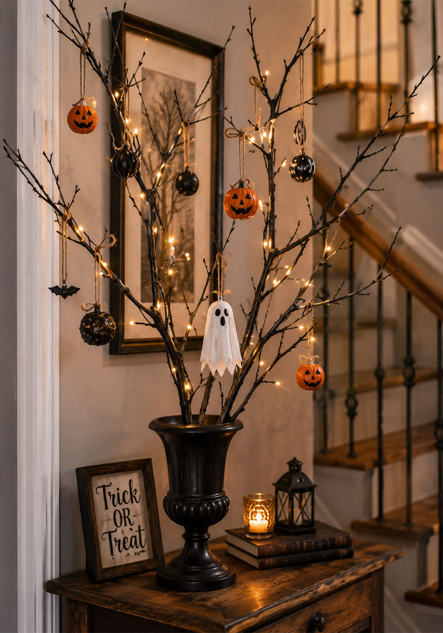 DIY branch Halloween tree in a vase with mini pumpkin ornaments and fairy lights