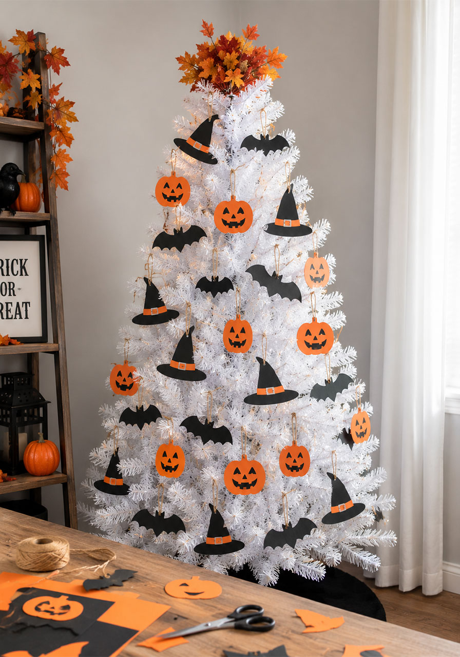 DIY paper craft Halloween Christmas tree with cutout bat and pumpkin ornaments