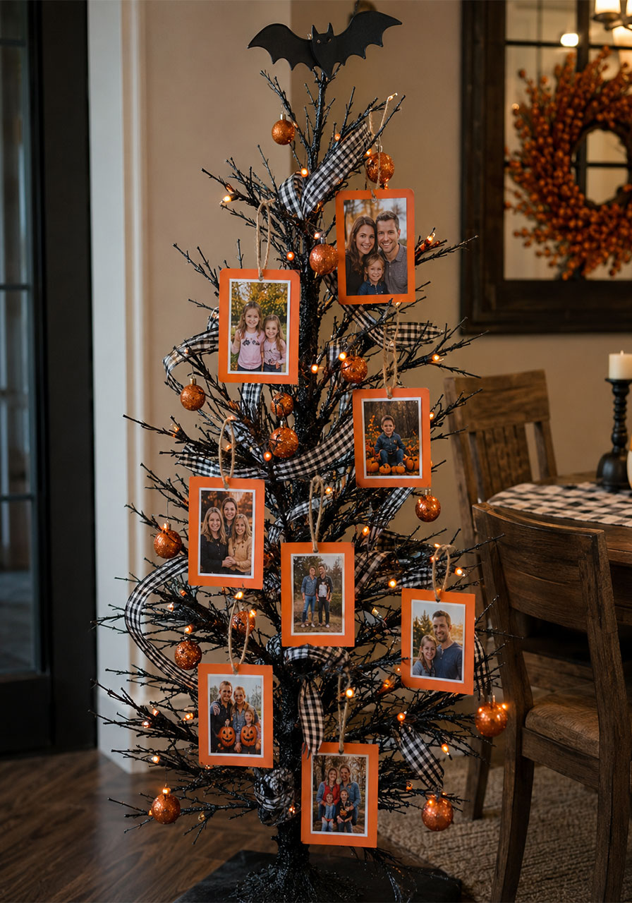 Halloween tree decorated with hanging family photos and orange gingham ribbon