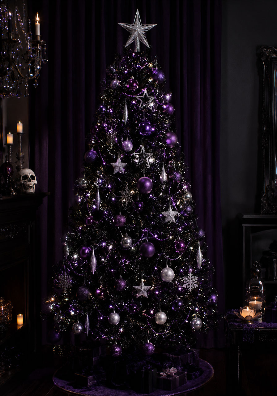 Elegant gothic black Halloween Christmas tree with purple and silver ornaments