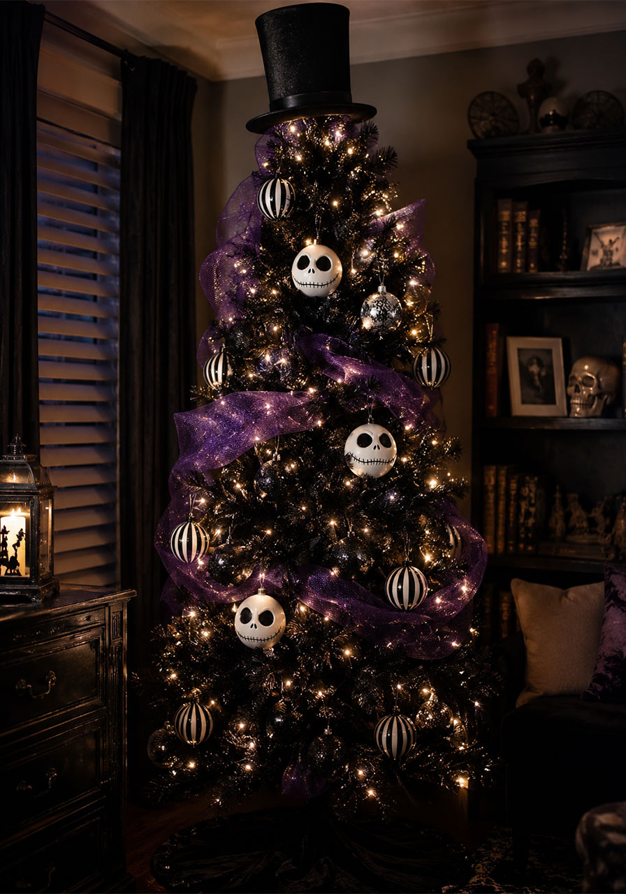 Black Halloween Christmas tree with skull face ornaments and top hat topper
