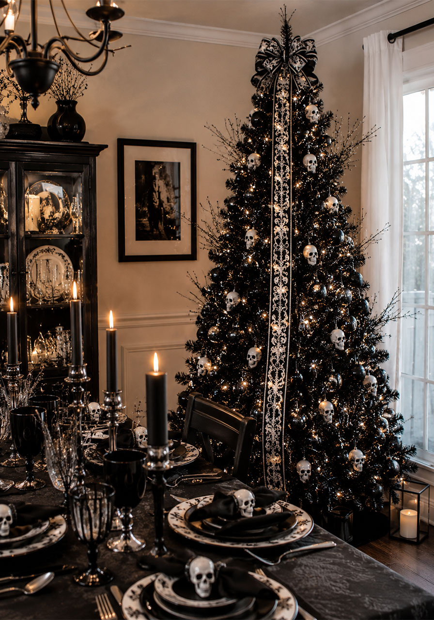 Coordinated Halloween Christmas tree and table decor with matching skull ribbon