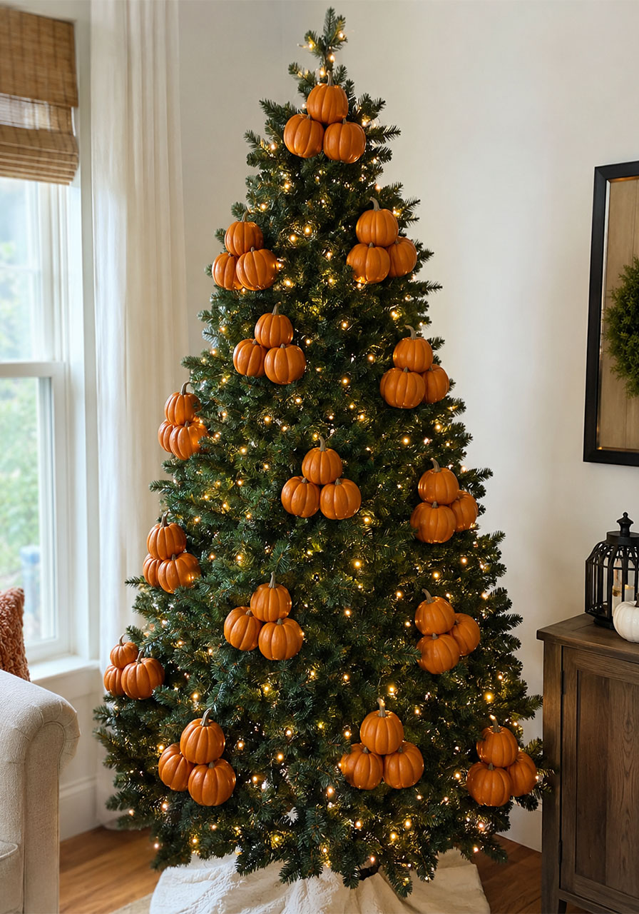 Halloween Christmas tree decorated with mini orange pumpkin ornaments and string lights