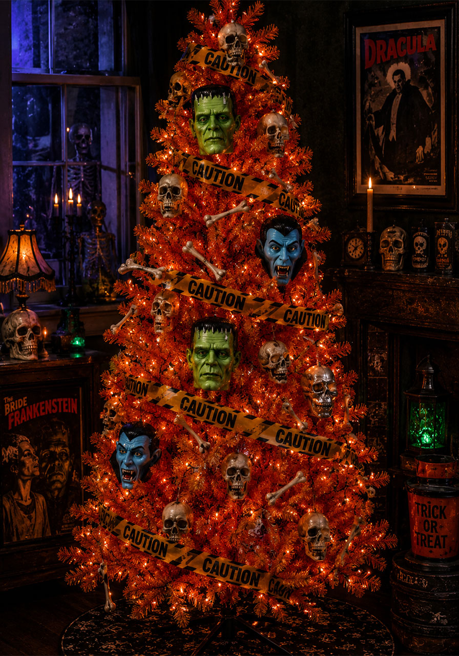 Halloween Christmas tree with monster ornaments and caution tape decoration