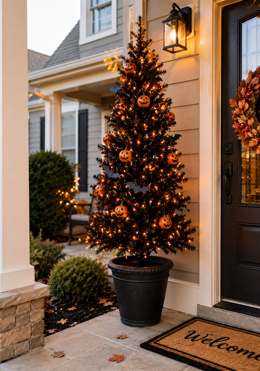 Outdoor Halloween Christmas tree decorated on a front porch with string lights