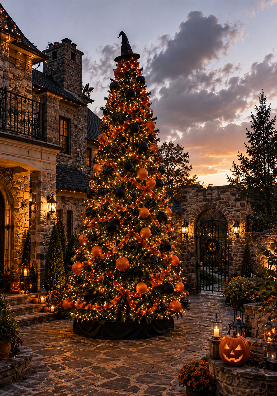 Large oversized Halloween Christmas tree decorated in an outdoor courtyard
