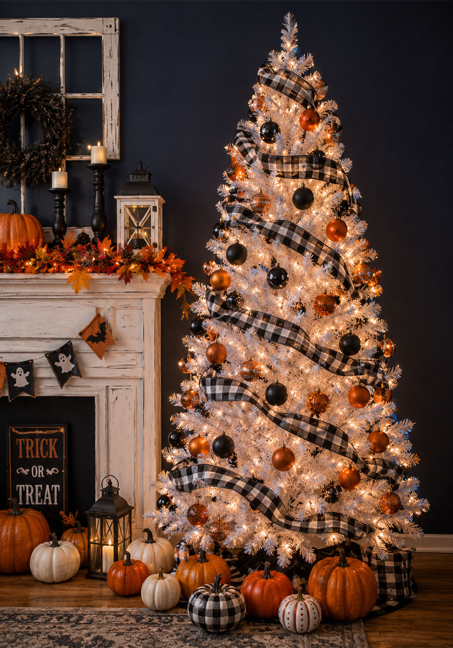 White Halloween Christmas tree with buffalo plaid ribbon and pumpkins at base