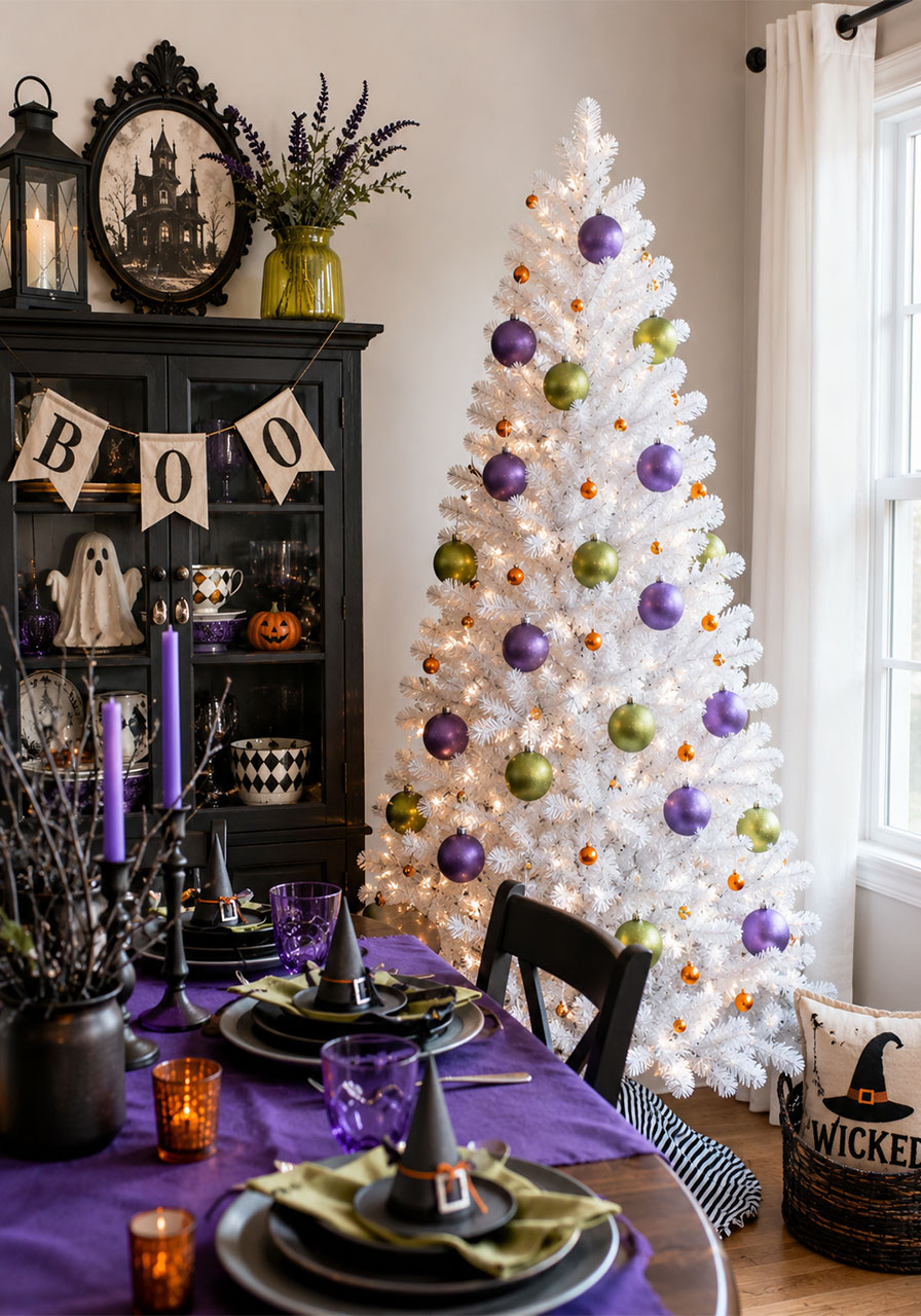 Whimsical purple and green Halloween Christmas tree beside dining table
