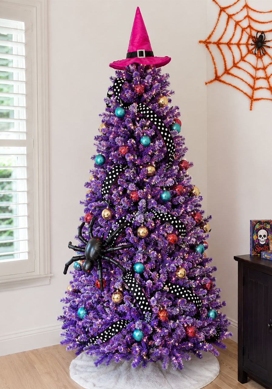 Bright purple Halloween Christmas tree with witch hat topper and colorful ornaments