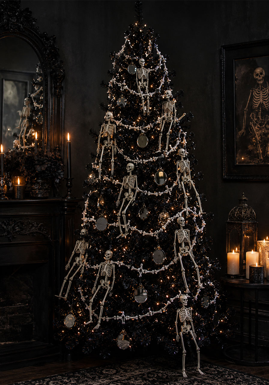 Halloween Christmas tree covered in skeleton ornaments and bone garland