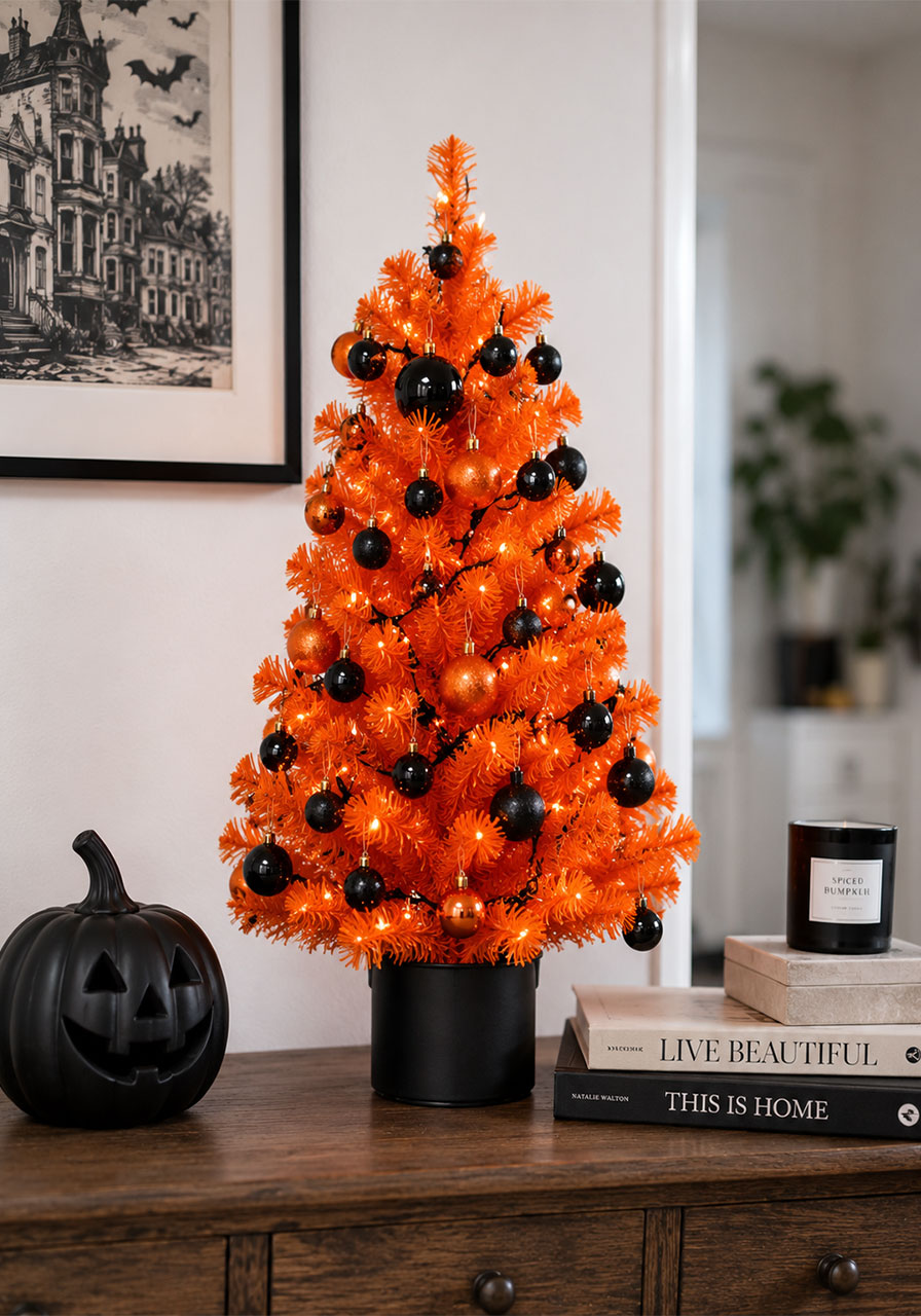 Small orange tabletop Halloween Christmas tree for apartments and small spaces