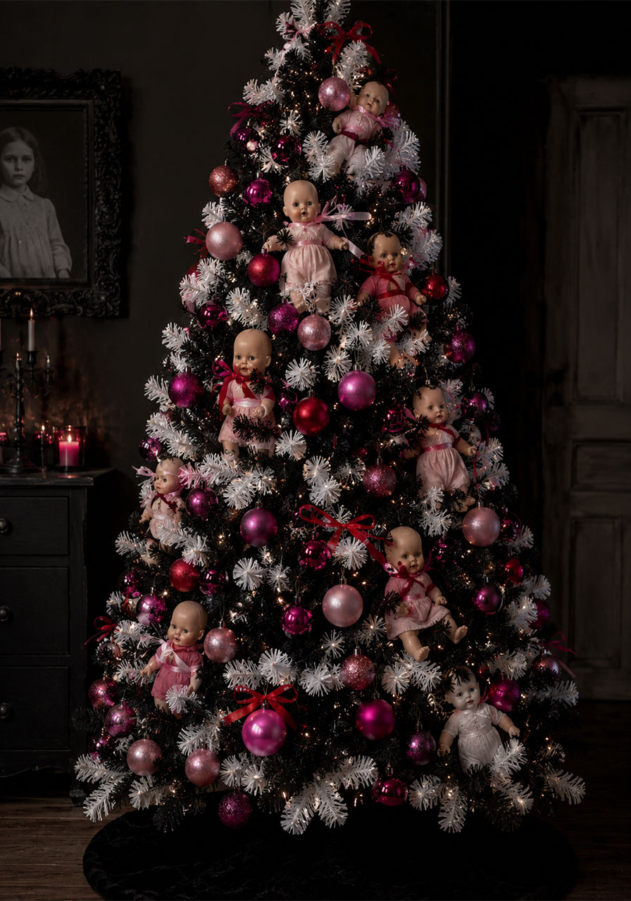 Creepy vintage doll Halloween Christmas tree for adult horror-themed parties