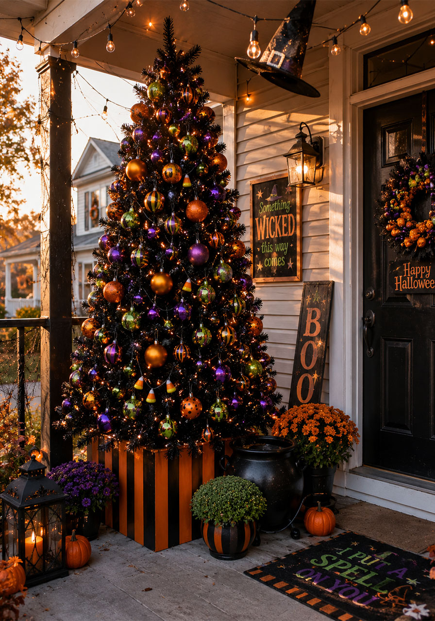 Whimsical Halloween Christmas tree porch display with candy corn garland