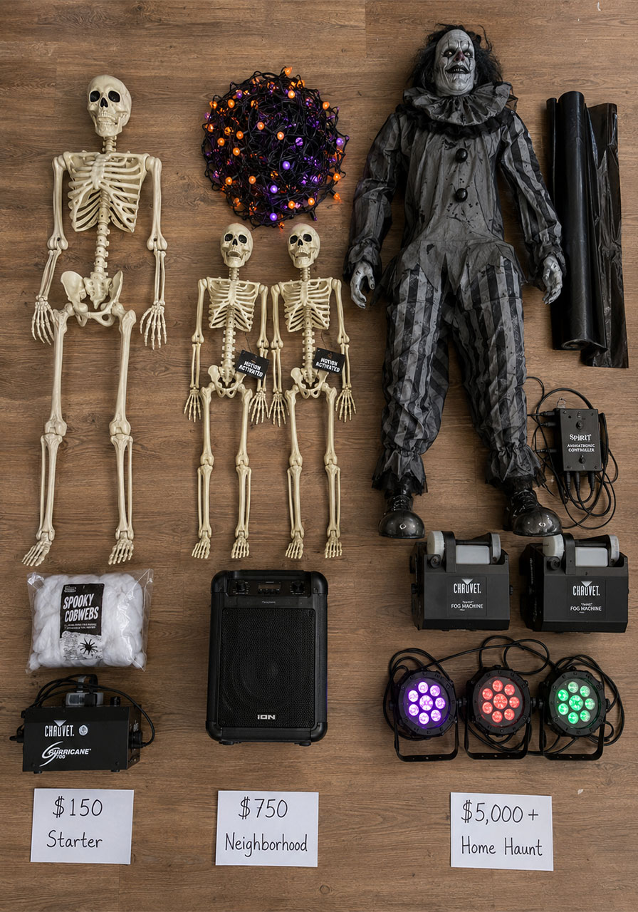 Halloween haunted house decoration budget comparison from $150 starter to $5,000 home haunt