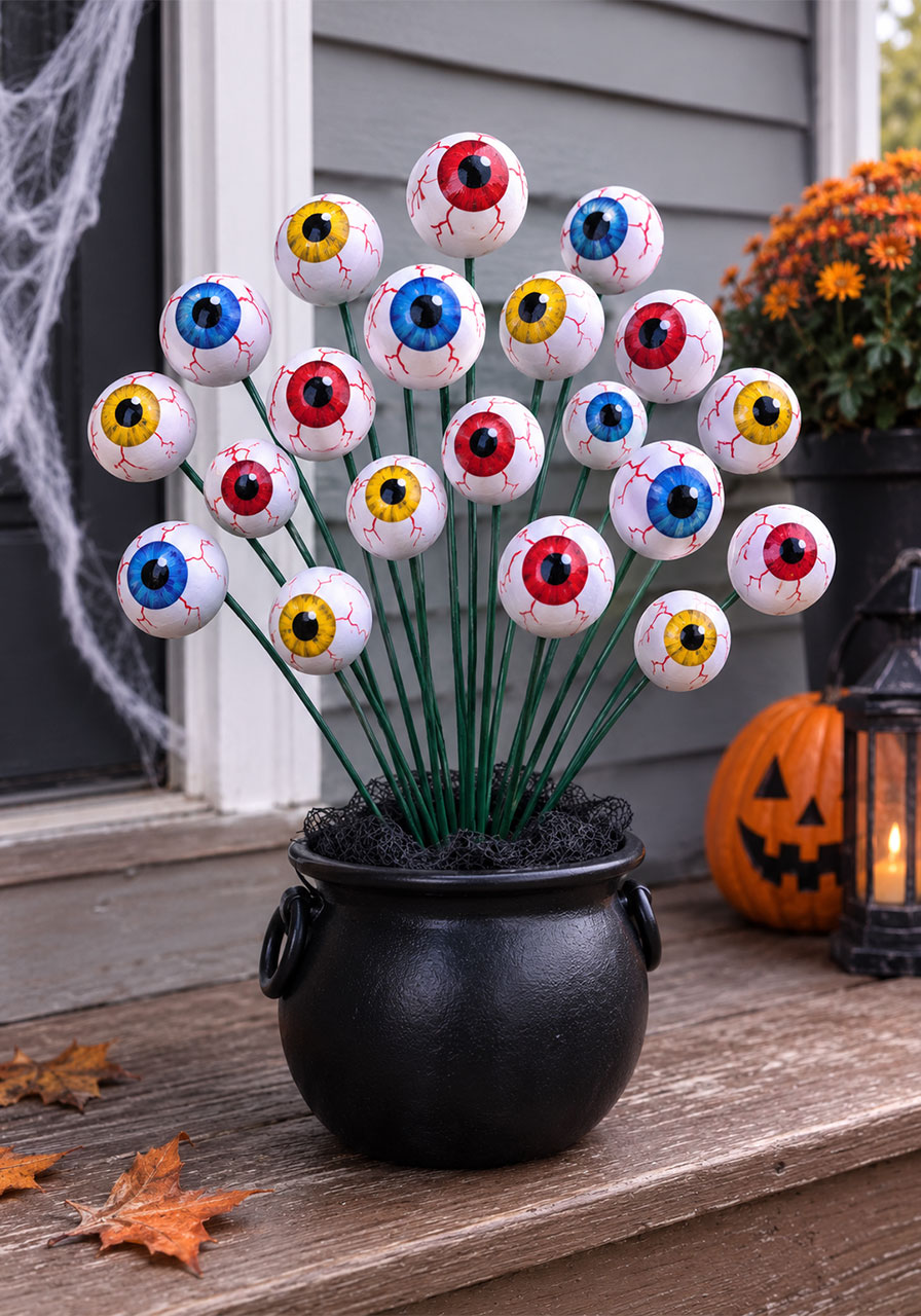 DIY Halloween eyeball bouquet craft in mini witch cauldron centerpiece