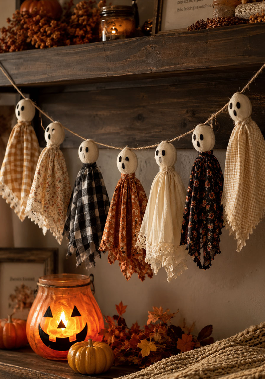 Handmade fabric ghost garland hanging on a dark wood shelf for Halloween decor