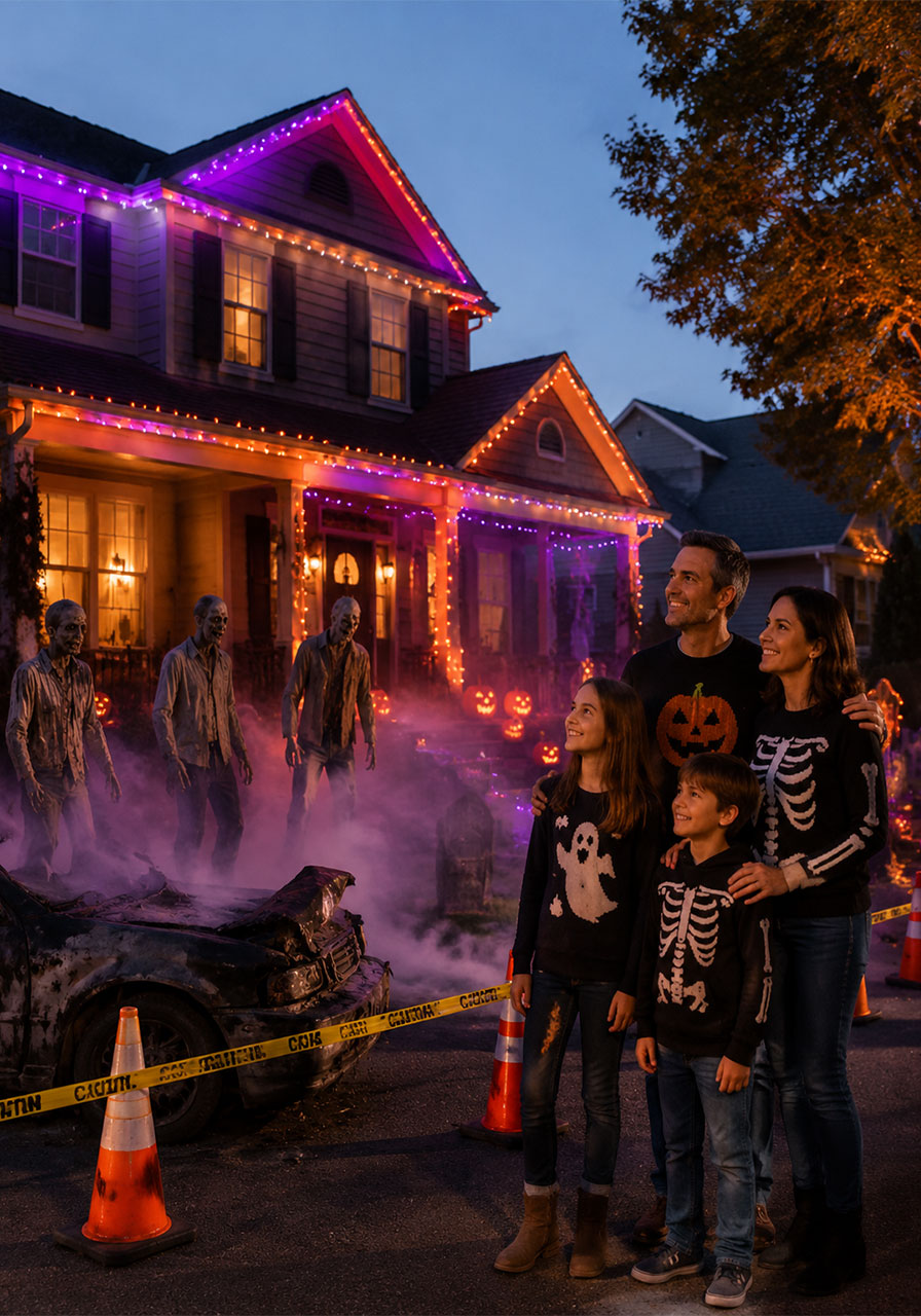 Family stands proudly in front of their $100,000 haunted house Halloween decoration transformation
