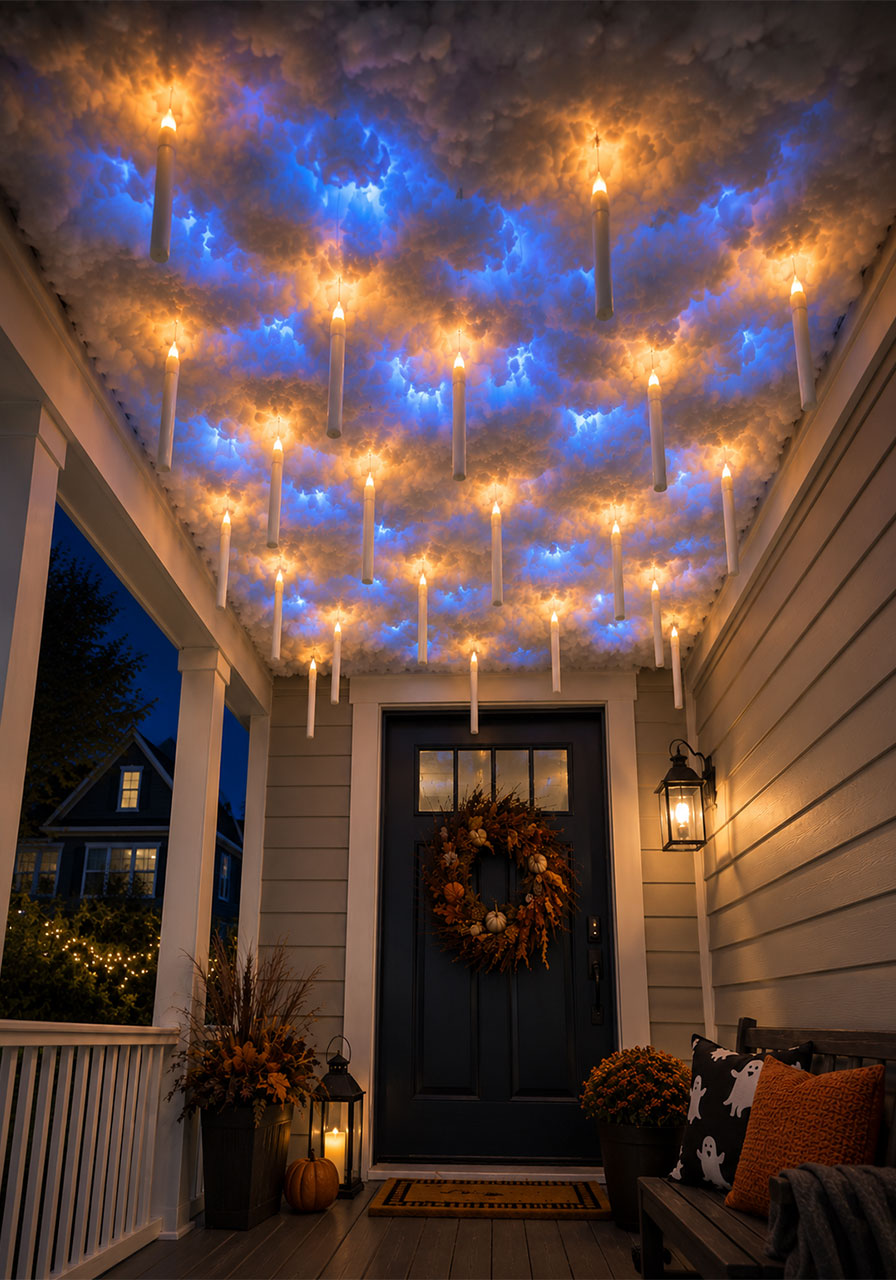 Full view of a magical floating candle and cloud ceiling Halloween porch display