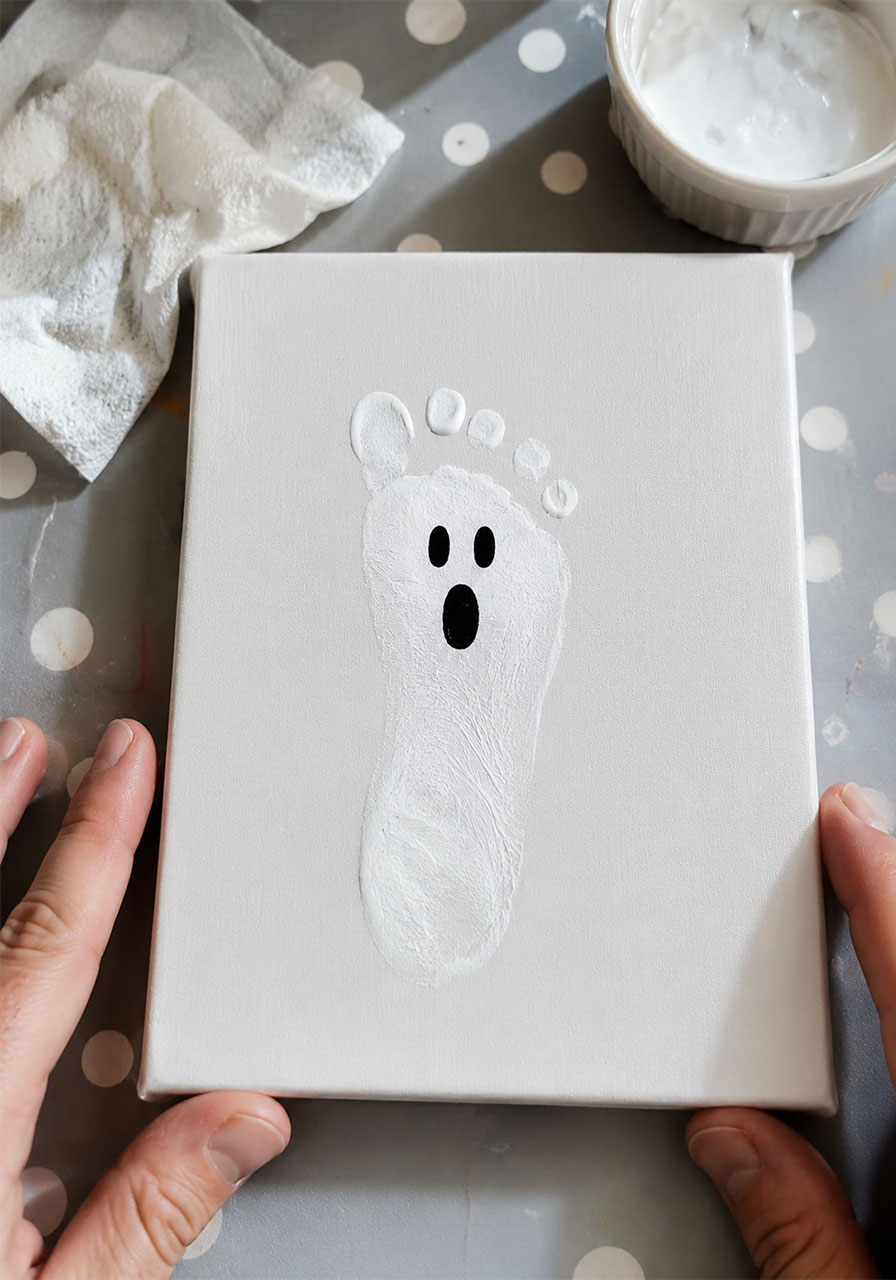 DIY Halloween footprint ghost art keepsake craft for toddlers