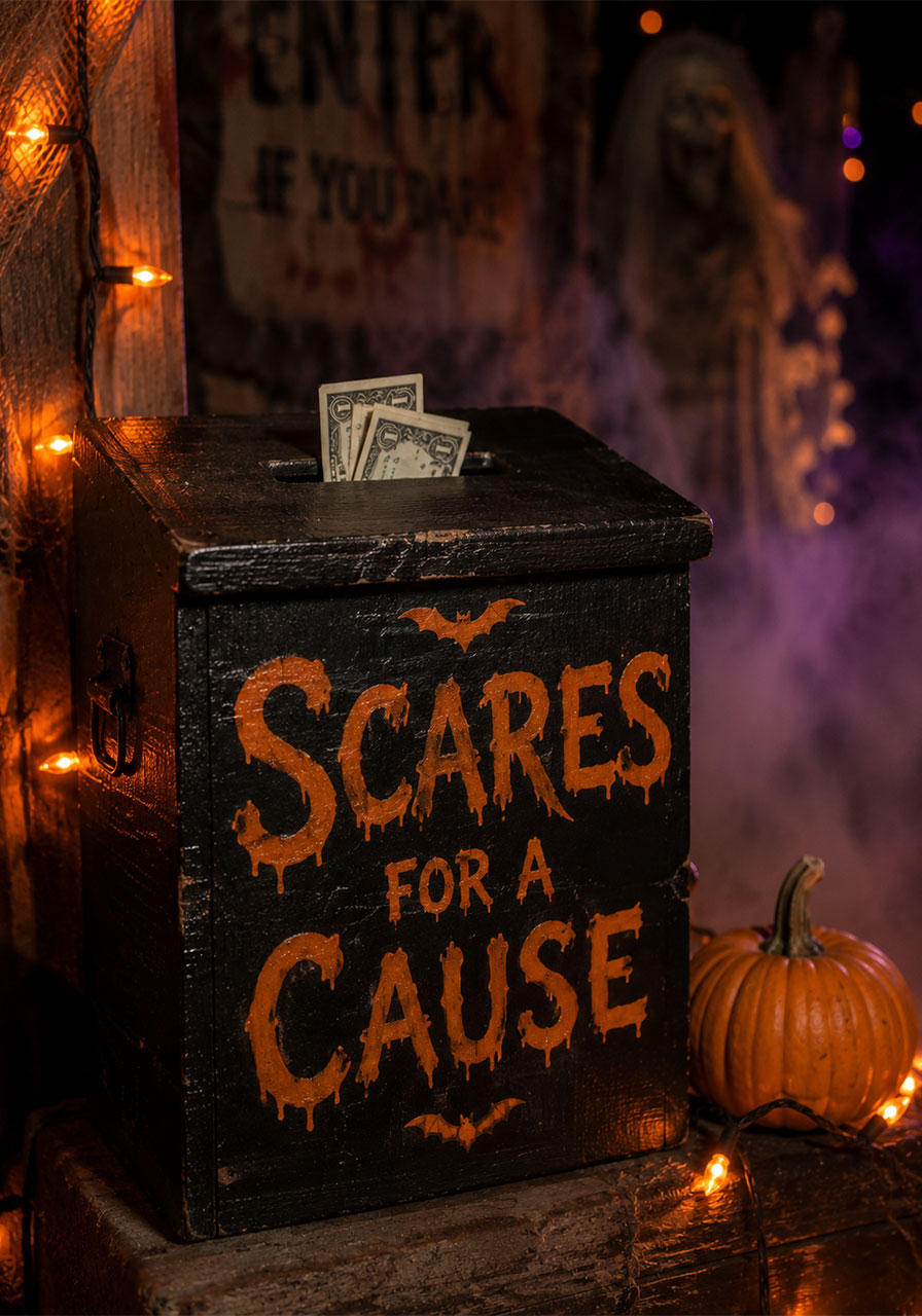 Halloween haunted house charity donation box for community fundraiser display idea