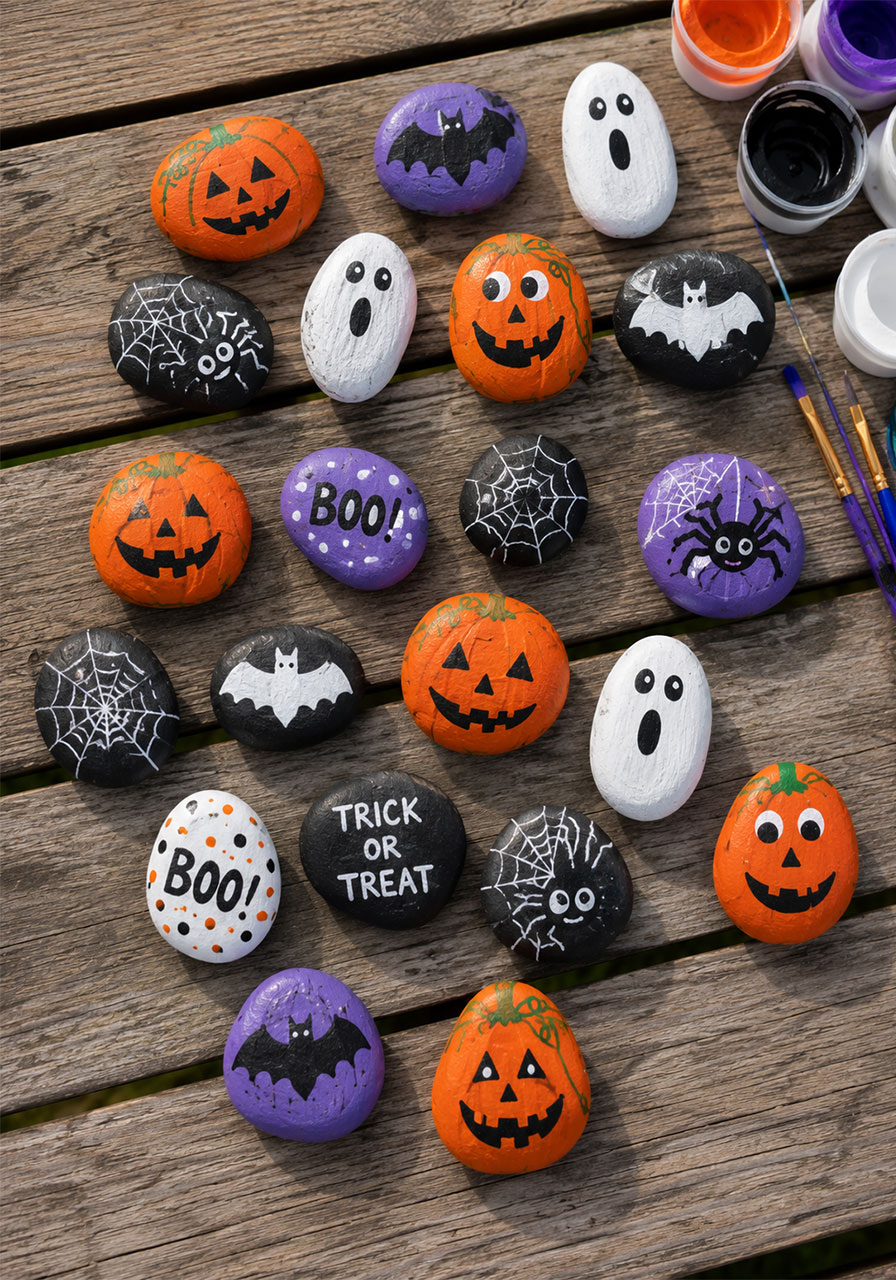 Mixed design Halloween painted rocks craft party activity