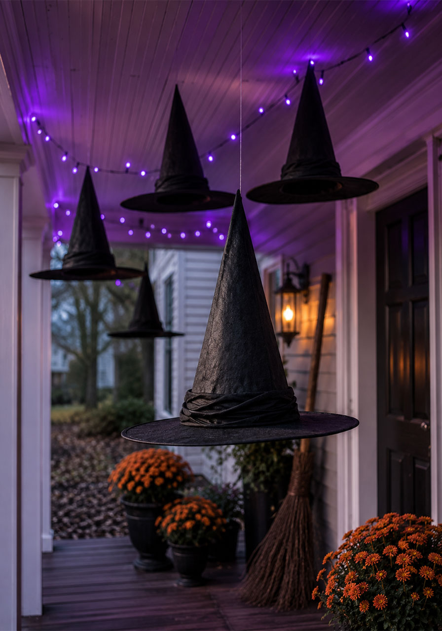 Floating black witch hats with purple lighting decorating a Halloween porch ceiling