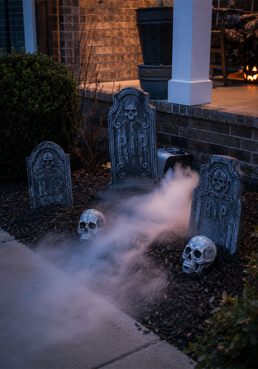 Fog machine creating a misty DIY graveyard garden for Halloween porch decor