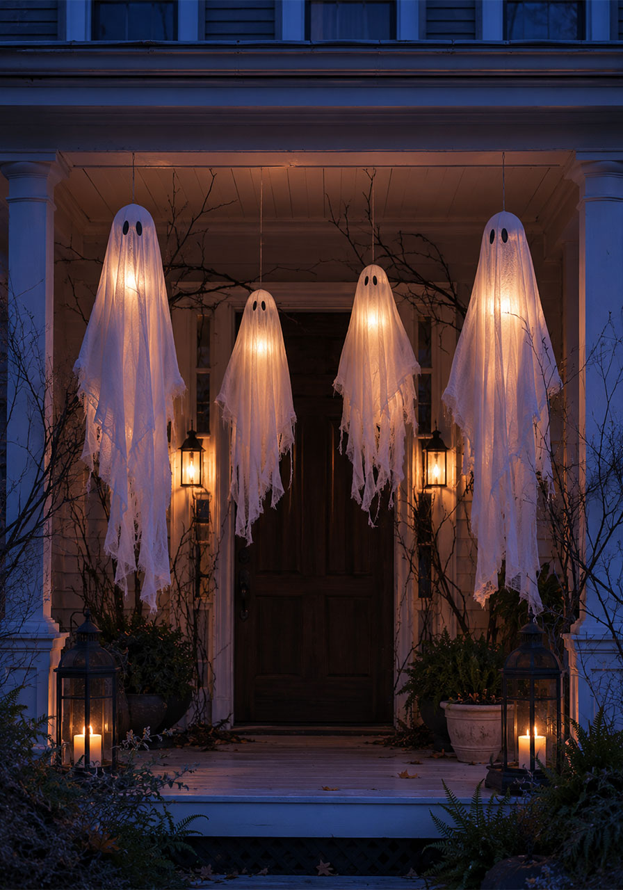 Glowing DIY cheesecloth ghosts hanging from a porch ceiling for Halloween decor