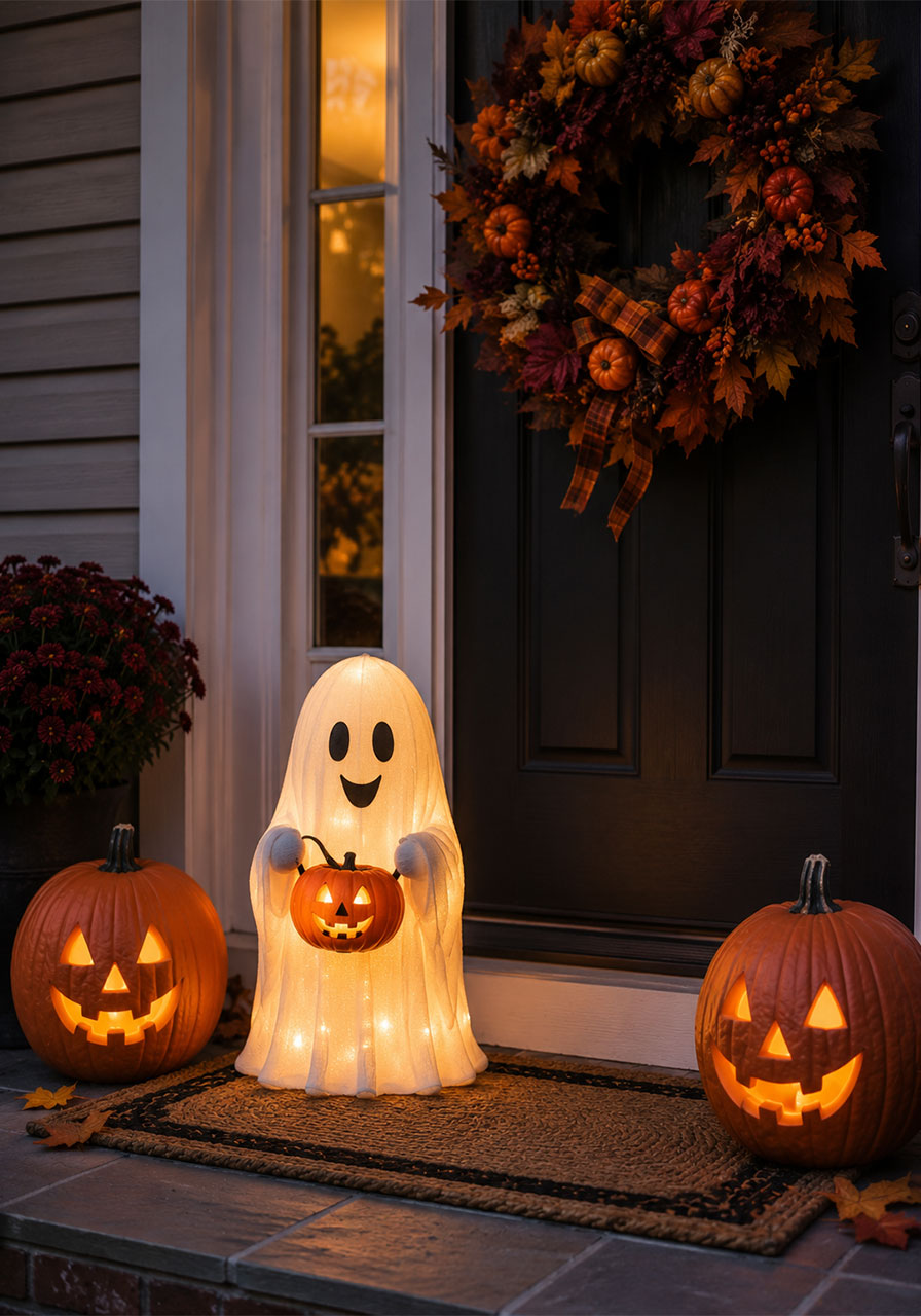 Cute glowing ghost figure greeting guests at a Halloween front door