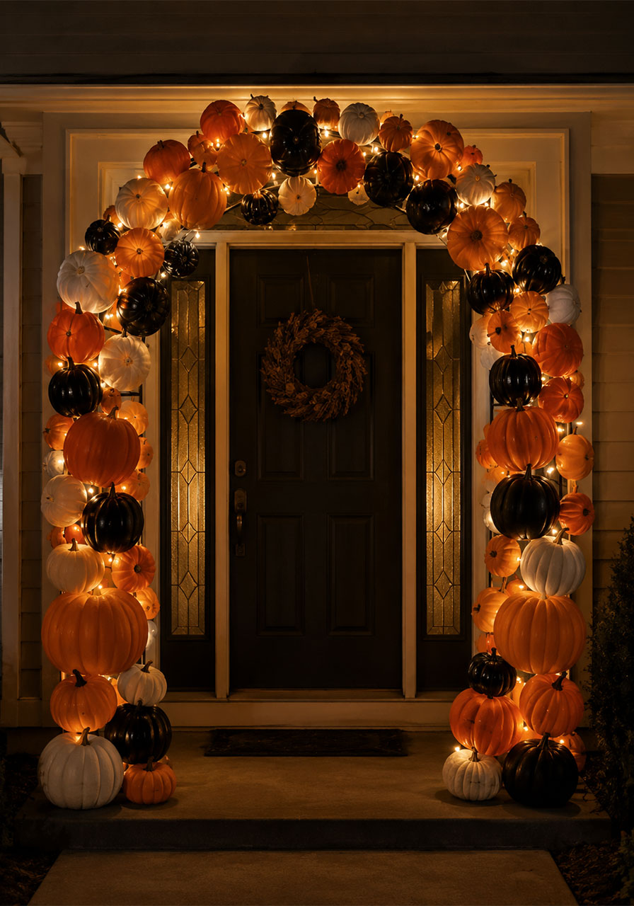 Glowing DIY faux pumpkin arch lit with string lights over a Halloween porch door