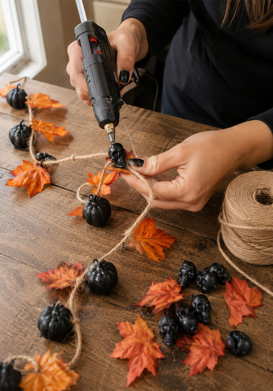Hands crafting a DIY Halloween leaf and skull garland for porch railings