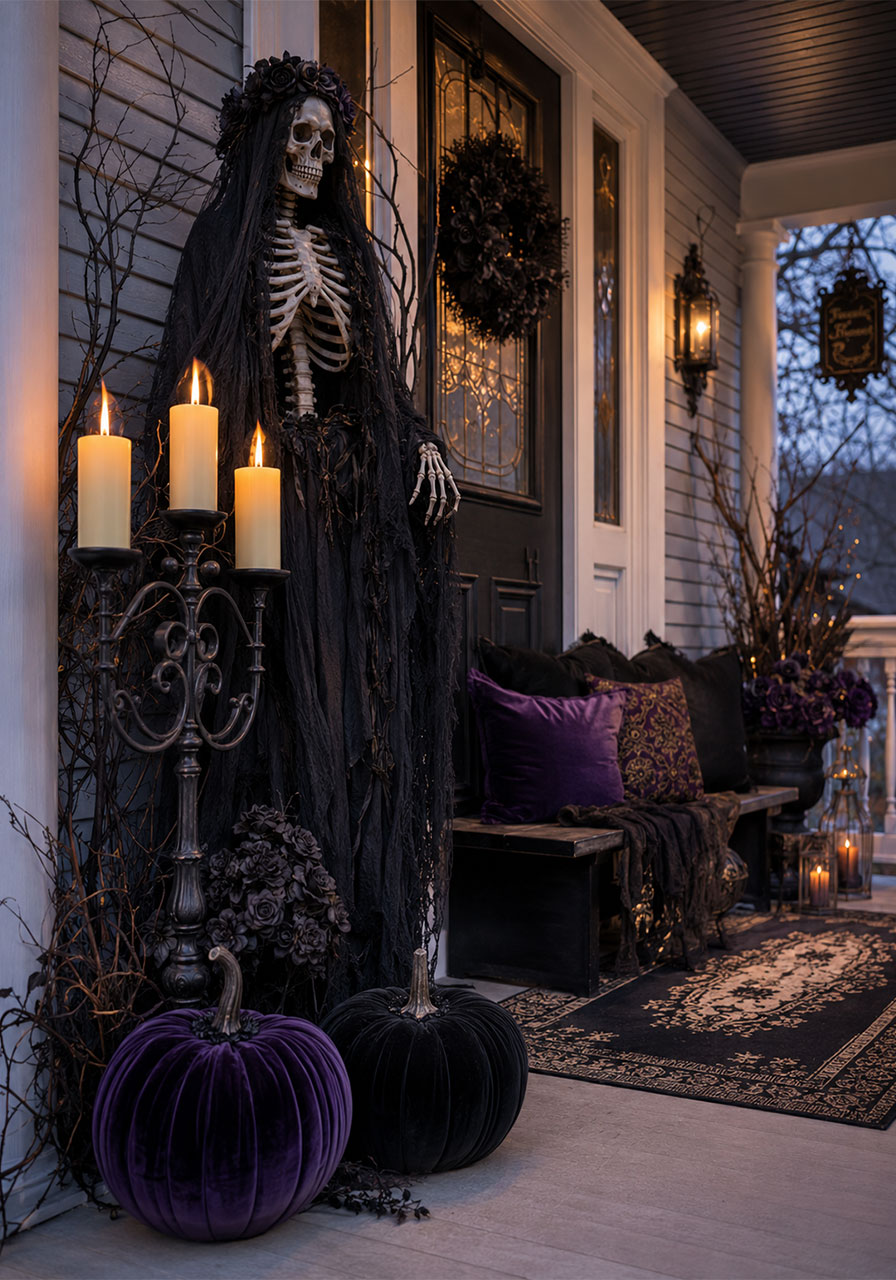 Upscale velvet pumpkin and candelabra Halloween porch display, Grandin Road-inspired