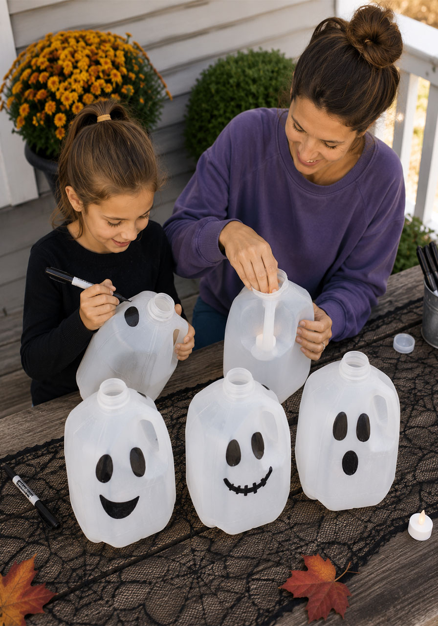 Family making DIY milk jug ghost lanterns for a Halloween porch walkway