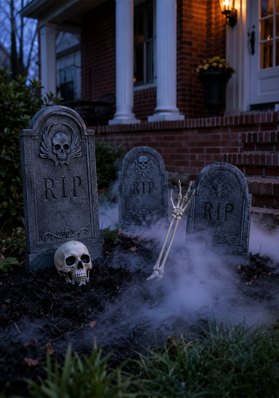DIY foam tombstone graveyard with skulls and fog beside Halloween porch steps