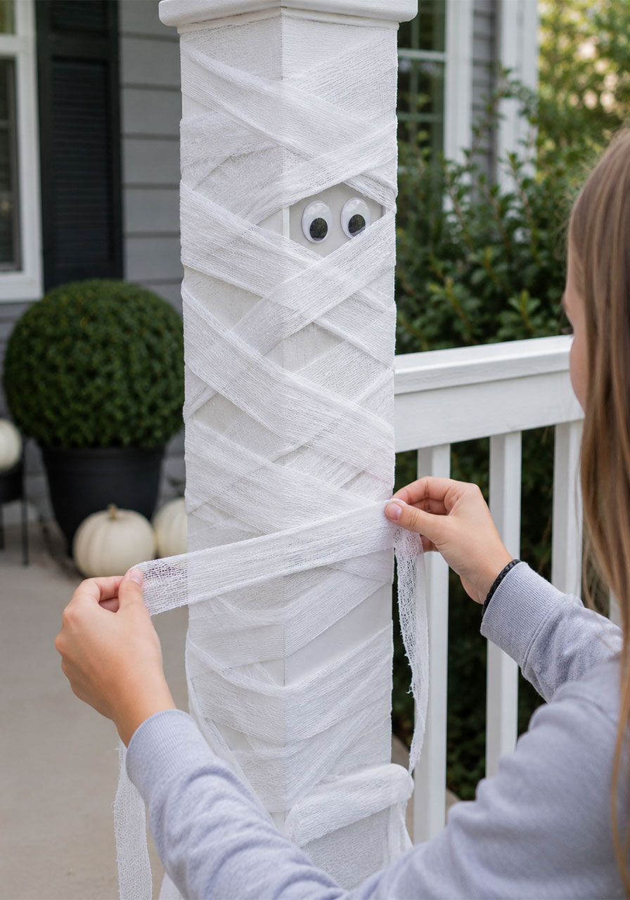 Gauze-wrapped DIY mummy porch railing for spooky Halloween decor