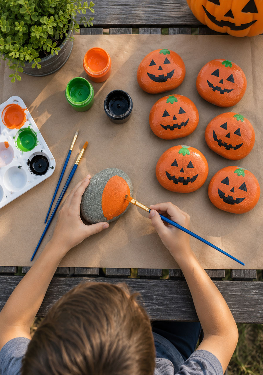 Hand-painted rock pumpkins forming a DIY mini Halloween pumpkin patch
