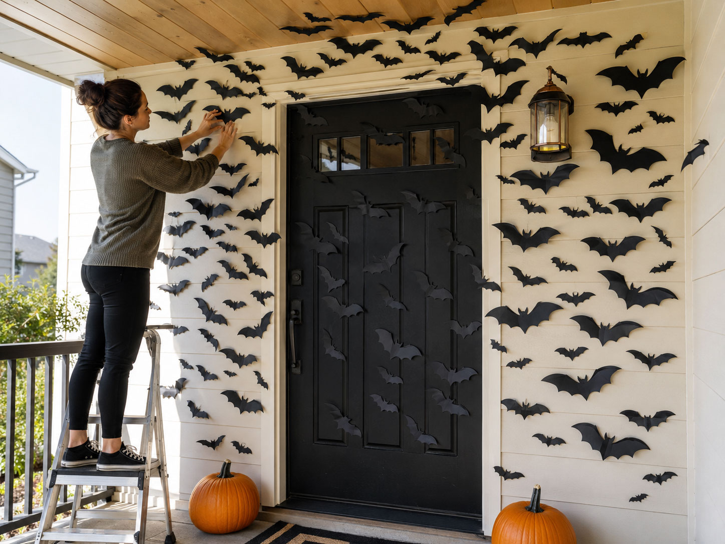 DIY black paper bat swarm covering a front porch doorway for Halloween decorations