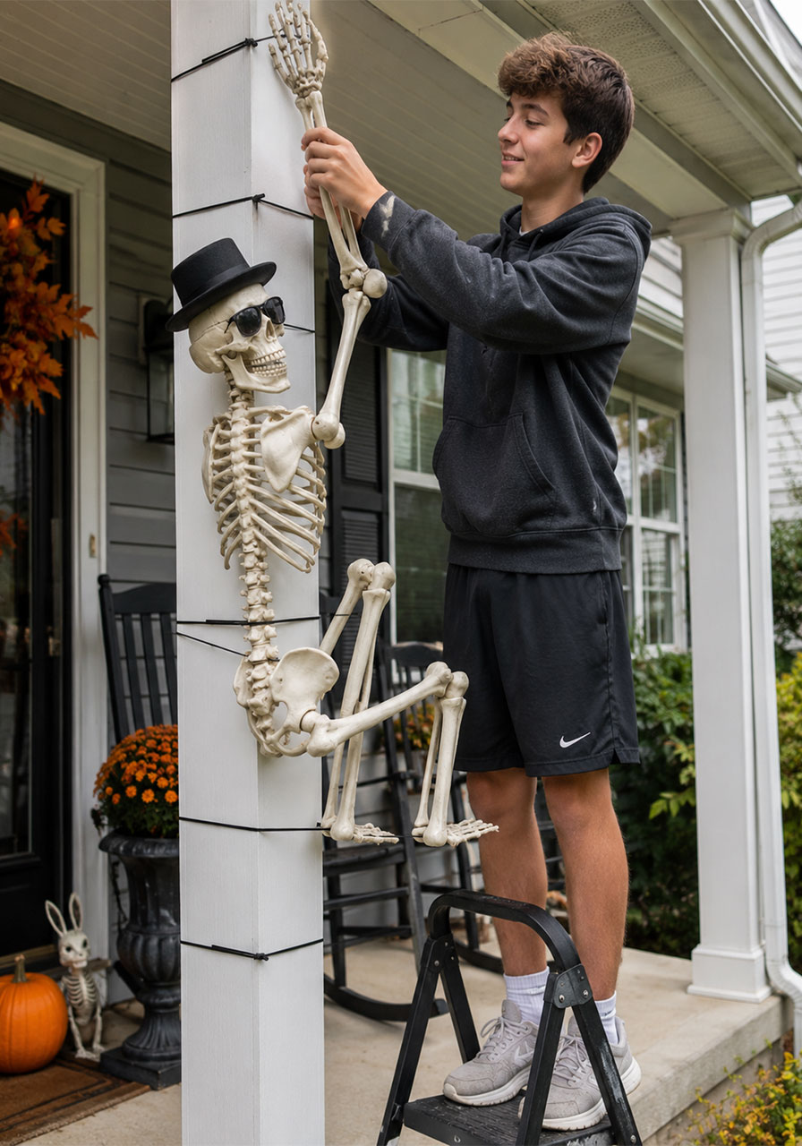 Posable skeleton decoration climbing a Halloween porch post