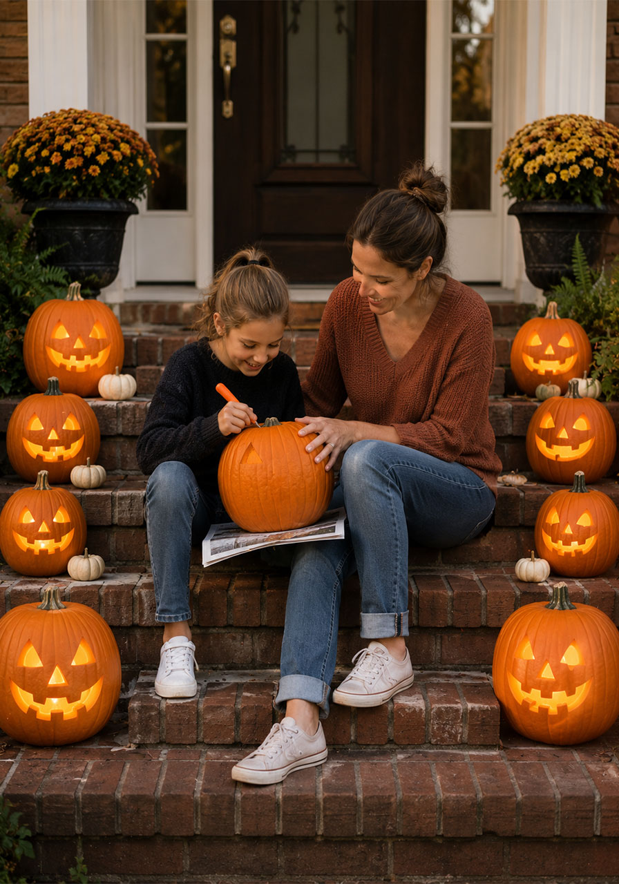 Family carving jack-o-lanterns lining Halloween porch steps