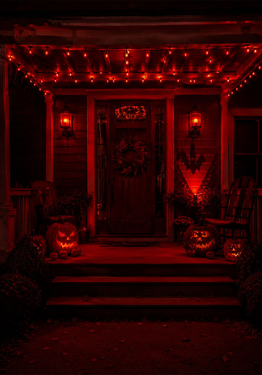Red mood lighting creating a spooky glow across a Halloween front porch