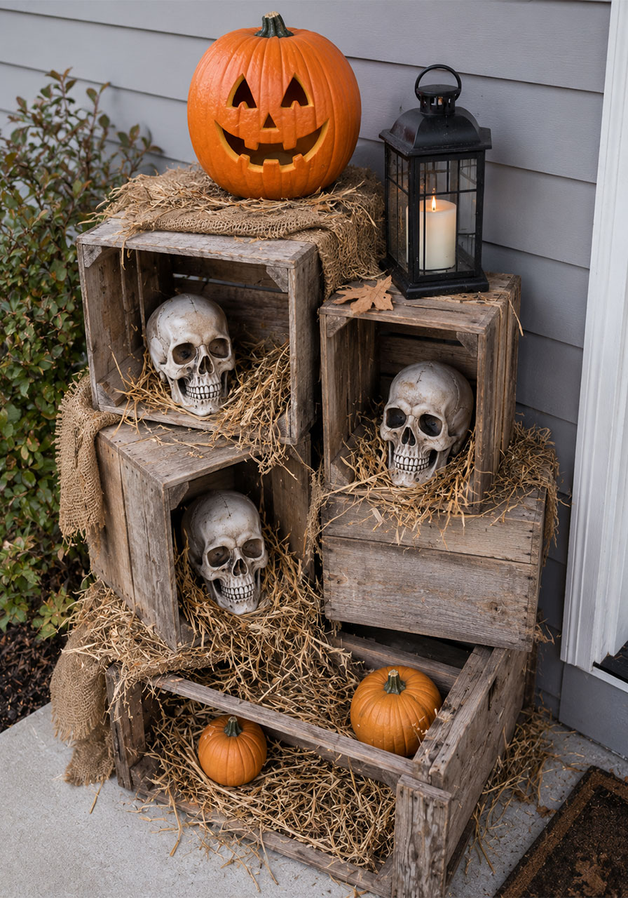 Rustic wooden crates styled with pumpkins and skulls for a Halloween porch display