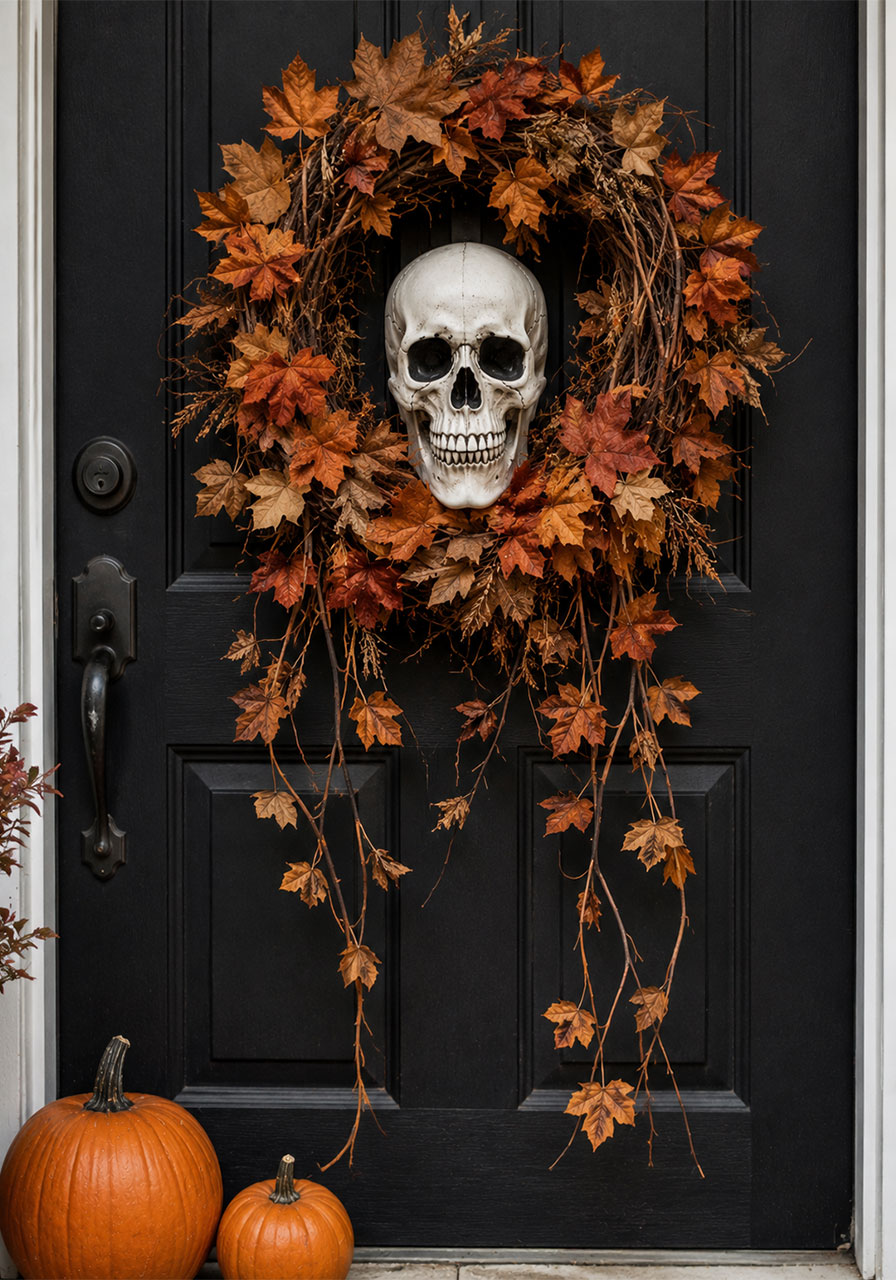 DIY skull and fall leaf wreath hanging on a black Halloween front door