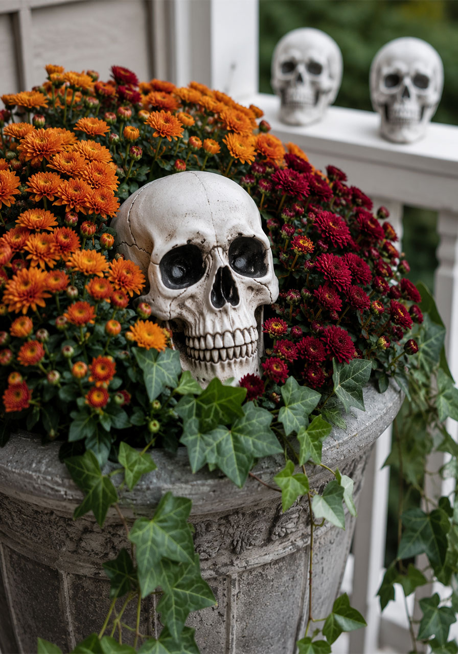 Plastic skull nestled among fall mums as a Halloween porch planter accent