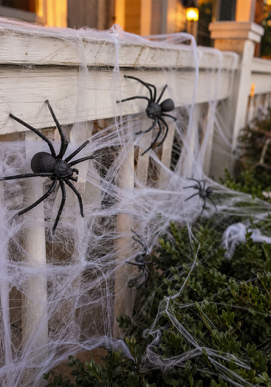 Stretchy spider web and plastic spiders decorating a porch railing for Halloween