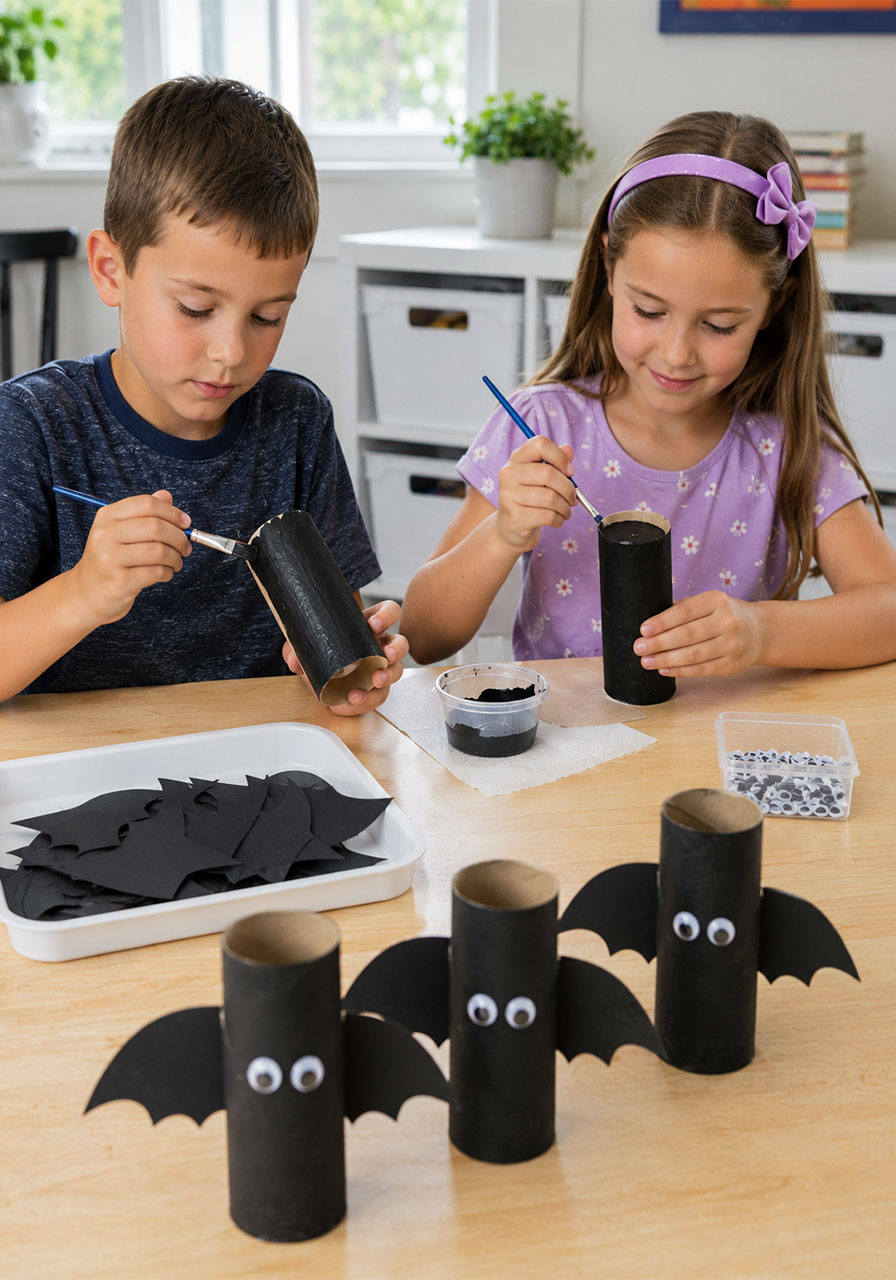 Kids making DIY toilet paper roll bats for Halloween window decorations